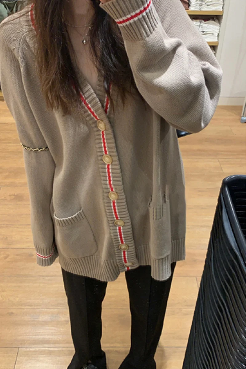 

Шерстяной вязаный кардиган Heygirl в Корейском стиле, тонкий свободный шерстяной жакет с V-образным вырезом и длинным рукавом, черный, для женщи...