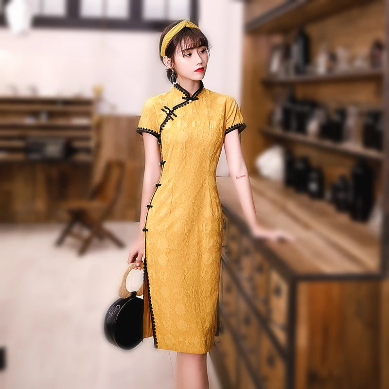 

Sheng Coco Female Yellow Lace Cheongsam Qipao Soft Cotton Pearls Chinese Style Retro Everyday Dress Stunning Yellow Chipao 3XL