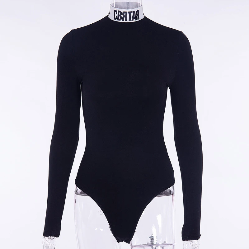 

2021 Turtleneck Long Sleeve Bodysuits Women Casual Letter Printed Mock Neck Spring Autumn Skinny Tops Playsuits Moda Feminina