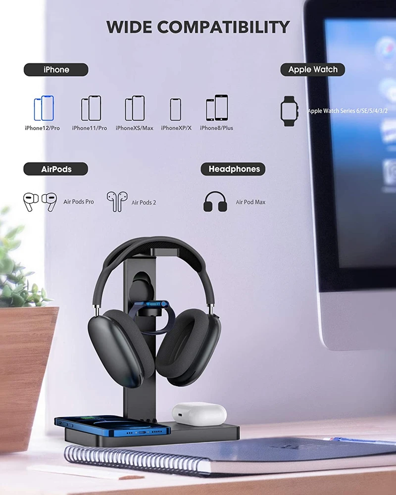 

15W Qi Fast Wireless Charger Stand For IPhone 11 XR X 8 Apple Watch 4 In 1 Headset Bracket Charging Dock For Airpods Pro IWatch