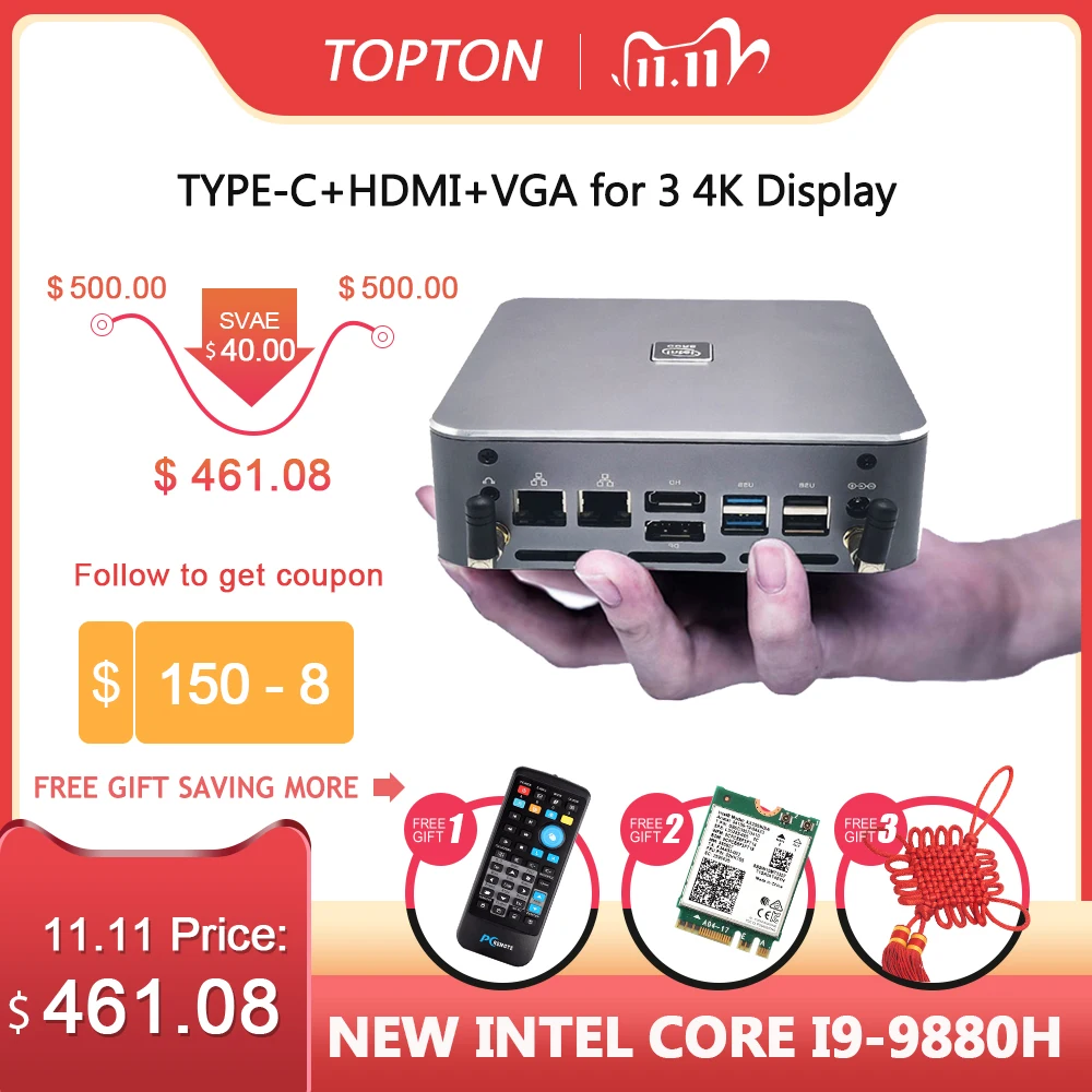 TOPTON Мини ПК Windows 10 Intel i9 9880H 8 ядер 16 ниток 2 * DDR4 M.2 NVME Lan Barebone система DP HDMI HTPC NUC 4K