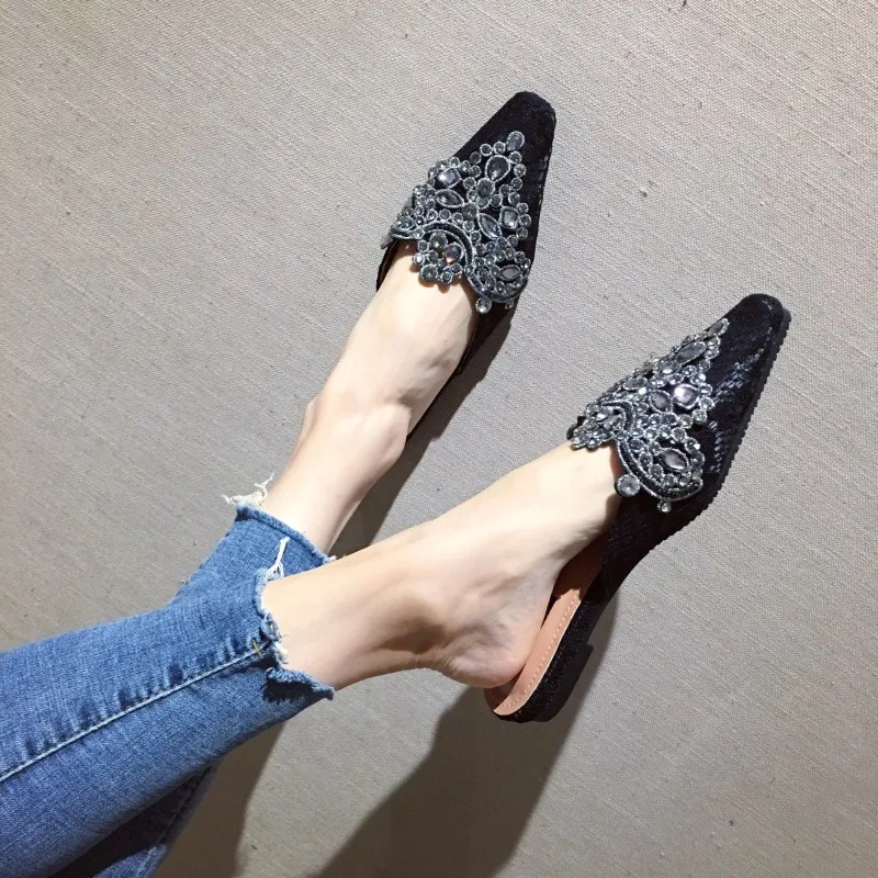 Стразы Женские туфли без задника на плоской подошве Украшенные жемчугом