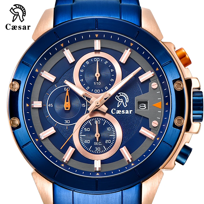 Розовое золото синий Цезарь военные кварцевые спортивные мужские хронограф