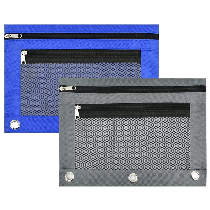 

2 Pack 3 Ring Binder Pencil Pouches 2 Pocket Pencil Pouches with Zipper Pencil Case for Binder Zippered Pencil Pouch