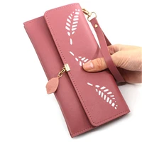 ladies wallet fashion leaf pendant zipper buckle pu leather clutch card holder package female long purse ladies coin purses