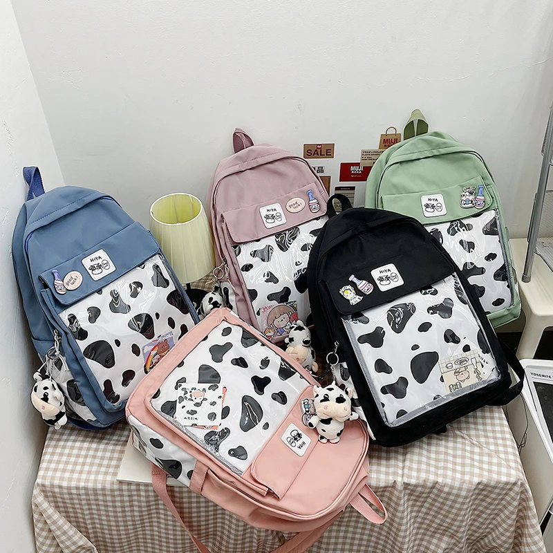 

Kawaii Cow Pint School Backpack 2021 Transparent Design Preppy Style Backpack Women Waterproof Nylon Bags Female Schoolbag Girls