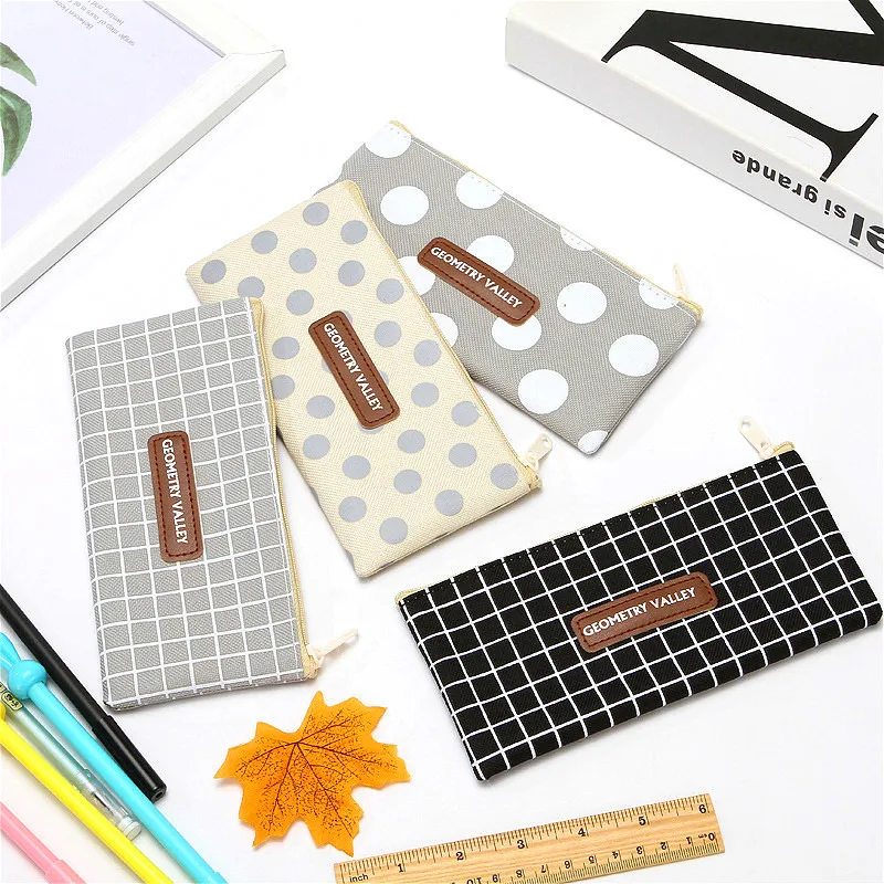 

1 Pcs Lattice Stripe Canvas Pencil Bag Zipper School Kawaii Pencil Box Pencilcase Pencil Case School Supplies Ss Office Supplies