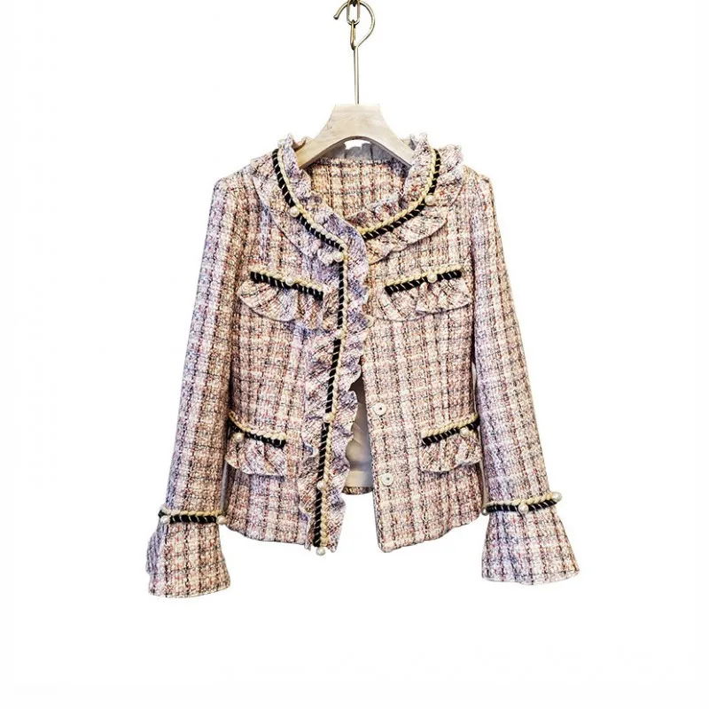 

Autumn Winter Ladies Tweed Short Coat Round Neck Single-Breasted Mixed Color Pearls Flare Sleeve Women Plaid Slim Fit Jackets