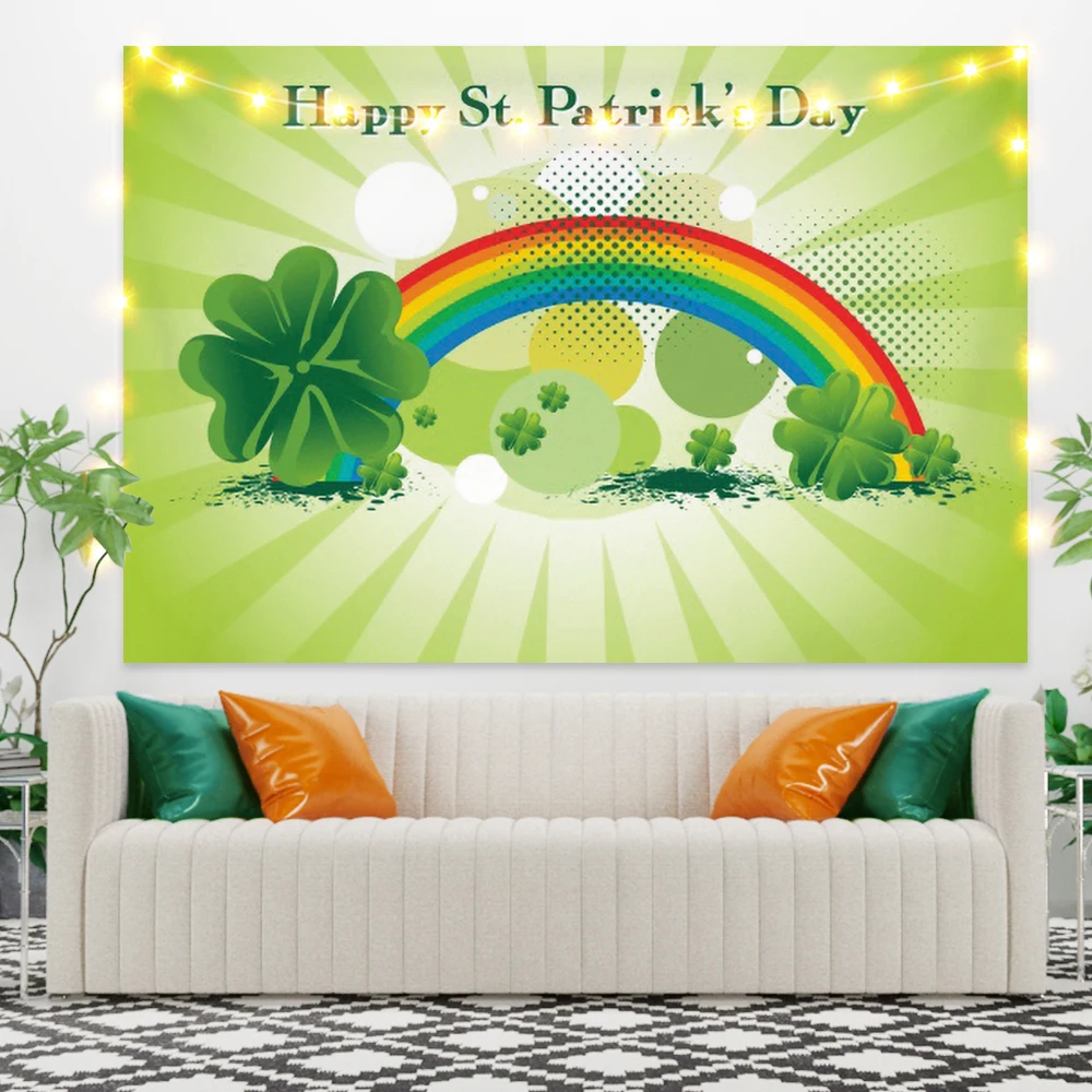 

Laeacco Happy St. Patrick's Day Tapestry Wall Hanging Green Clover Rainbow Background Living Room Bedroom Decoration