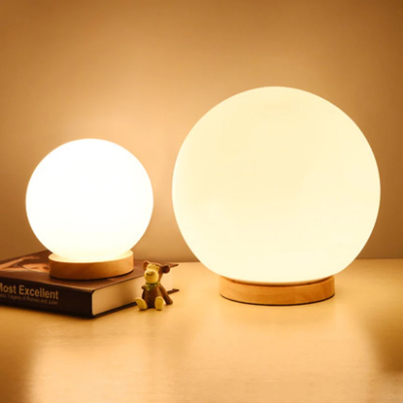 

de mesa de bola de vidrio esmerilado, accesorio LED E27 de madera de estilo blanco, moderno, para sala de estar y Escritorio