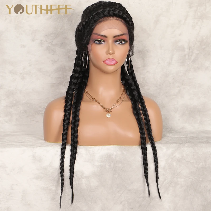 

Youthfee 26" Braided Lace Front Synthetic Wigs Double Dutch Braid Cornrow Wig With Baby Hair For Black Women Box Braids Wigs