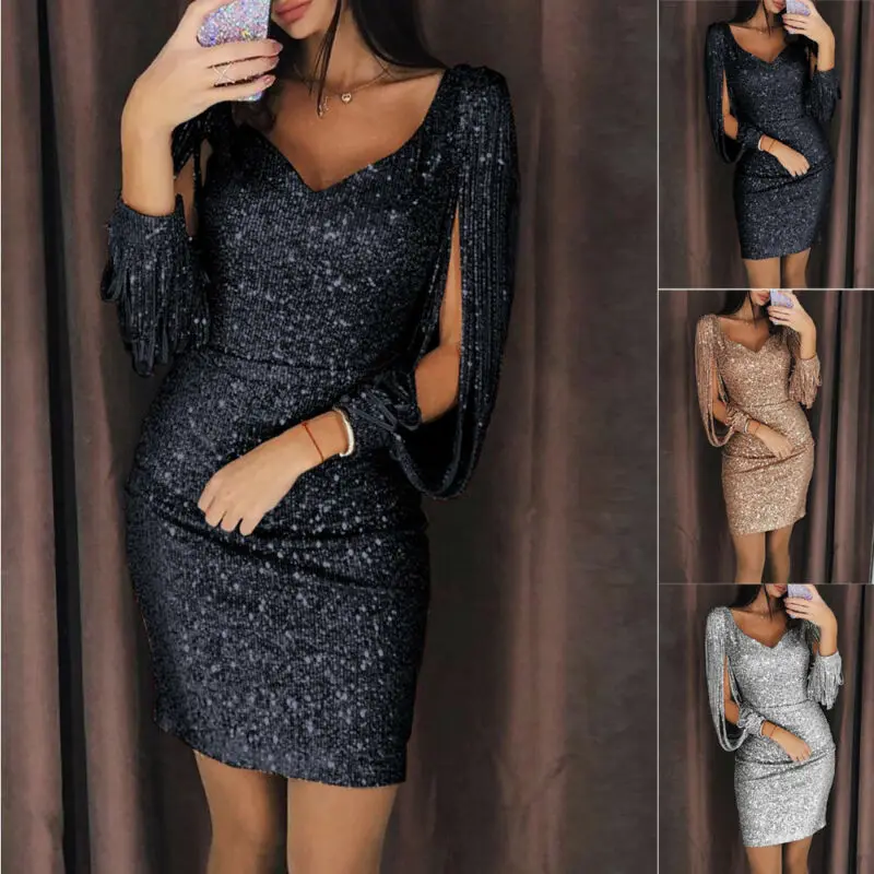 

2019 Brand New Style Fashion Sexy Women Sequin Tassels Bandage Bodycon Sexy Ladies Party Cocktail Club Mini Dress