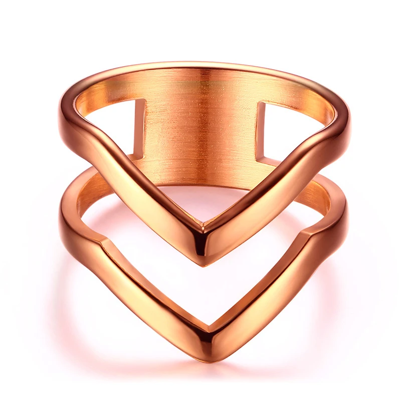 rose gold Очаровательные женские вечерние кольца из нержавеющей стали серебряный тон двойное кольцо в форме шеврона кольцо на кастет геометрический ее подарки - Цвет основного камня: rose gold