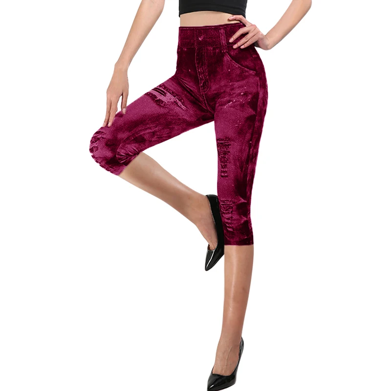 red-2 Sfit женские леггинсы для спортзала, искусственная лосины из джинсовой ткани, леггинсы с карманами и принтом, повседневные узкие брюки с высокой талией, большие размеры, штаны для йоги - Цвет: red-2