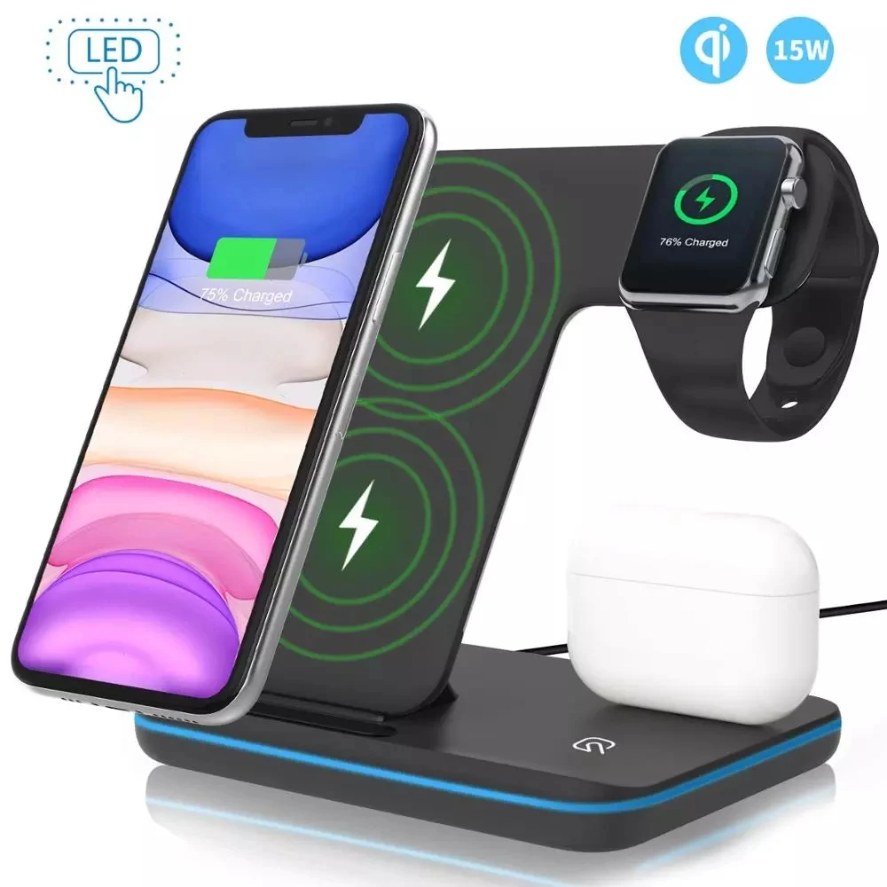 

3 in 1 15W Qi Wireless Charger Stand for iPhone 12 11 XS XR X 8 Fast Charging Dock Station for Apple Watch SE 6 5 4 3 2 AirPods