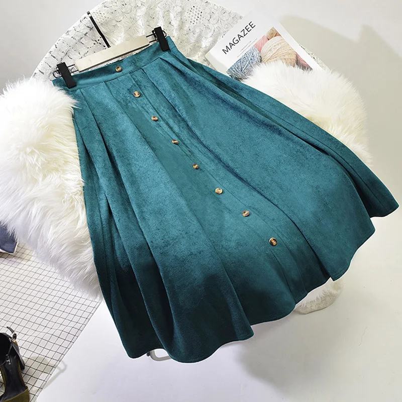 Dark Green Qiuxuan/Женская длинная юбка из искусственной замши г. Осенне-зимняя модная эластичная Юбка-миди с высокой талией на пуговицах повседневные юбки для девочек - Цвет: Dark Green