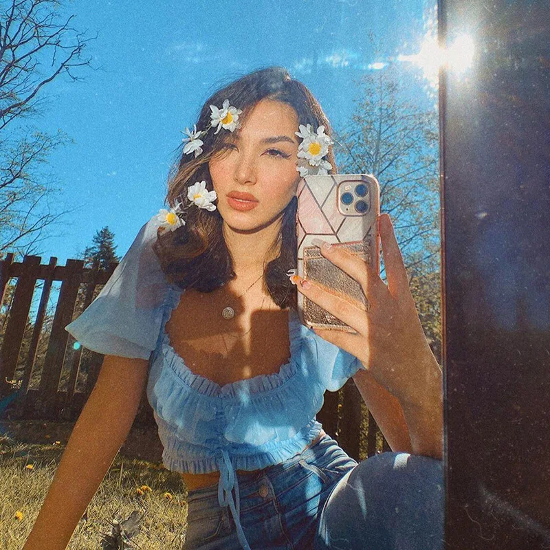 Женский укороченный топ MONMOIRA однотонный с рукавами фонариками и завязками