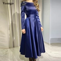 verngo modest a line navy blue satin prom dresses long sleeves scoop neck 3d flowers beads ankle length formal evening gowns