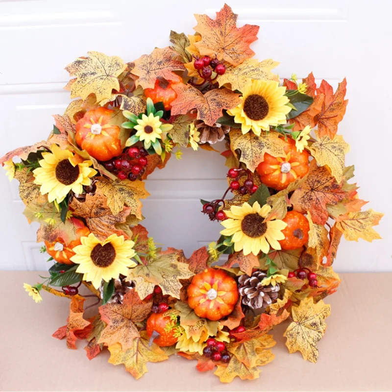 

AA99 -Artificial Sunflower Pumpkin Pine Cone Berry&Maple Leaf Wreath,for Halloween&Thanksgiving Home Arrangement Decoration