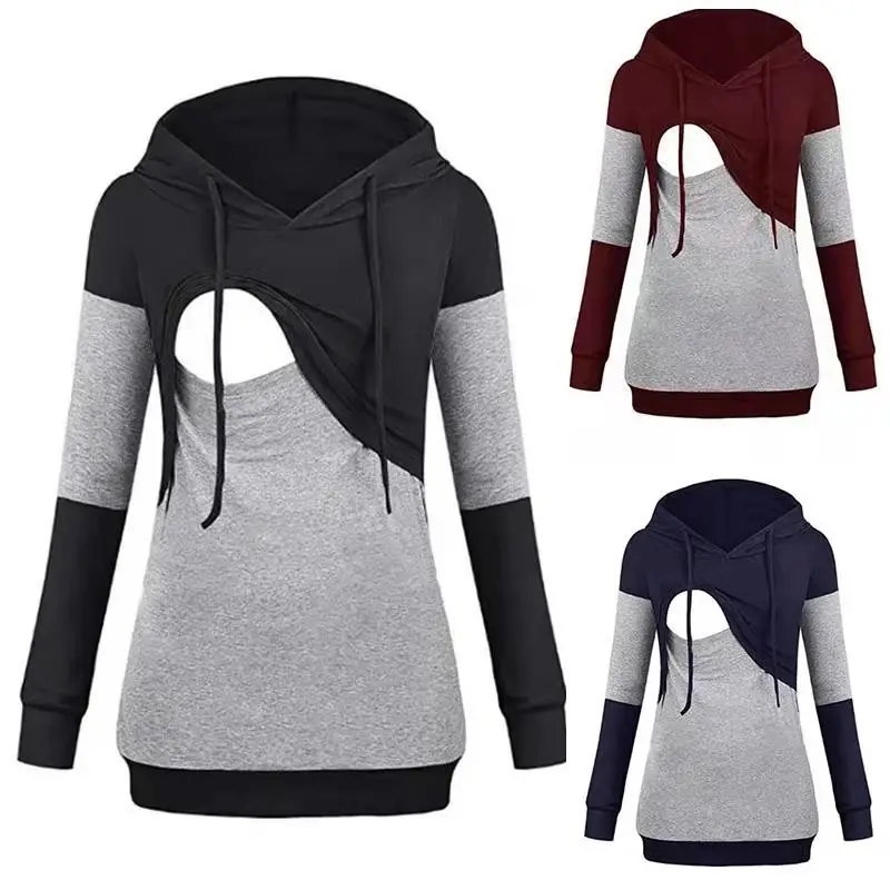 

2020 New Autumn and Winter Contrasting Color Hooded Nursing Long-Sleeved Sweater Nursing Sweater Fashion Nursing Clothes