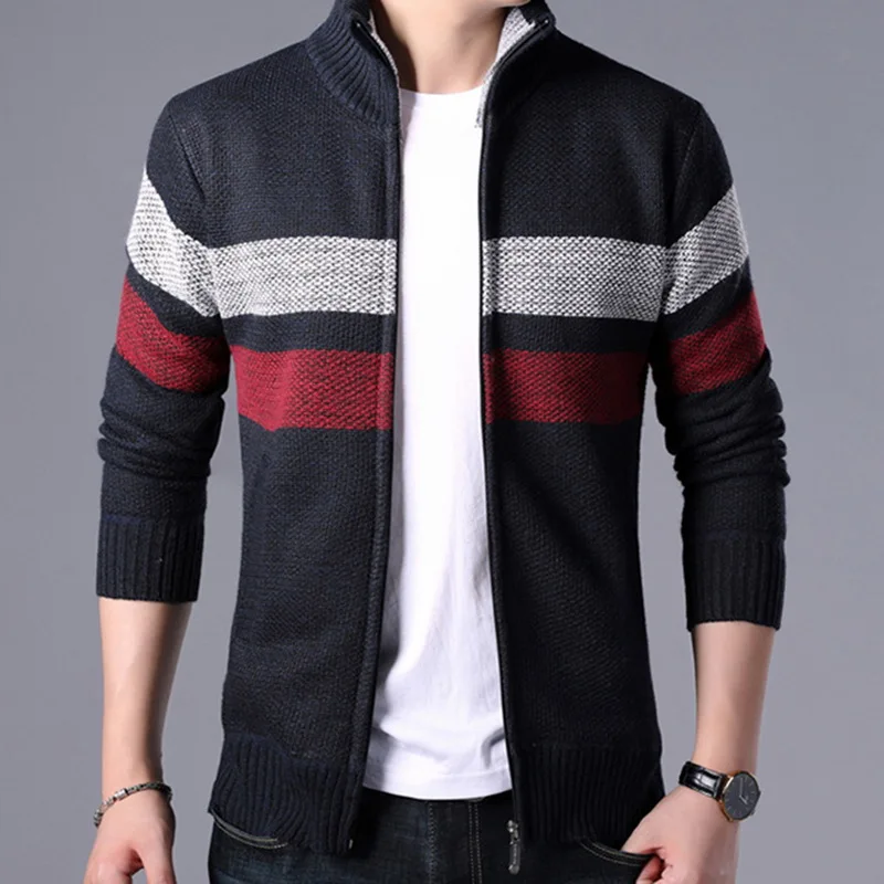 CYSINCOS2019 толстый свитер для мужчин в полоску с воротником стойкой на молнии пальто