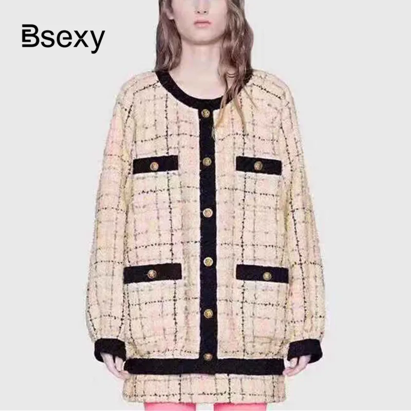 Подиумное женское клетчатое твидовое пальто 2019 зимнее теплое однобортное с О