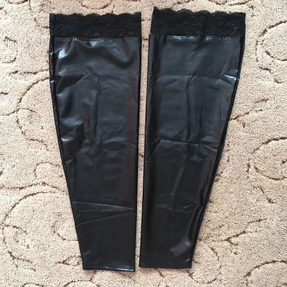 Sexy Women Wet Look Faux Leather Thigh High Stockings Gothic Lace Patchwork Lace Black Skinny Long Stockings