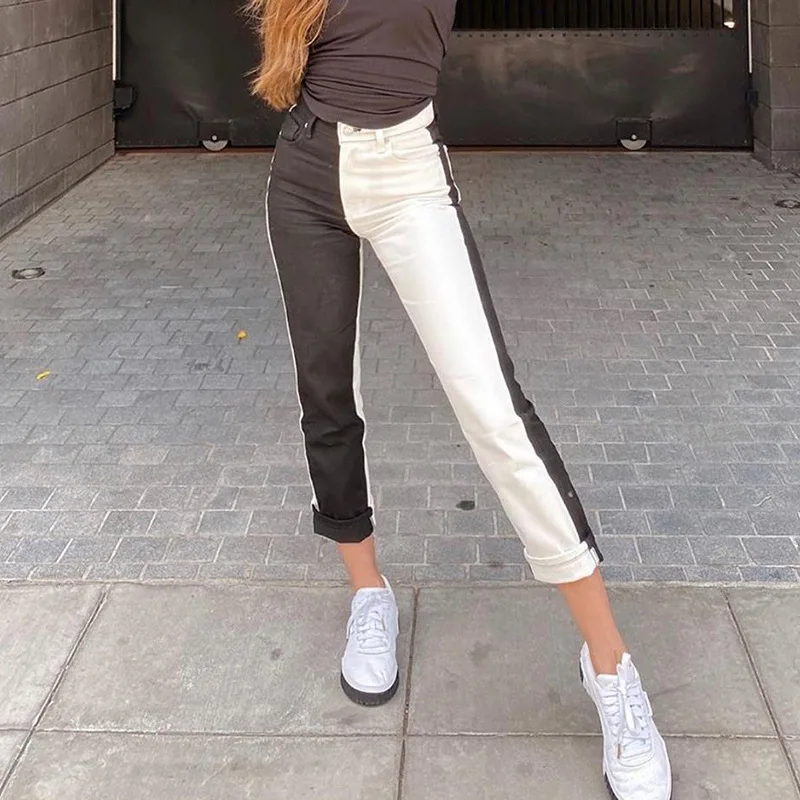 

2021 Women Pantalon Harajuku Black White Patchwork Denim Pants Sexy Y2K Skinny Jeans Spring Streetpants Hip Hop Trousers P090