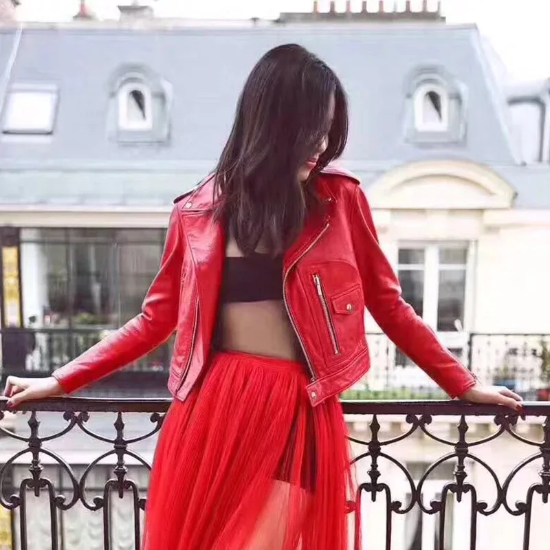 JAZZEVAR 2023 New High Fashion Street Women Real Sheep Skin Leather Jacket Red Genuine Leather short Slim fit Motorcycle Jackets