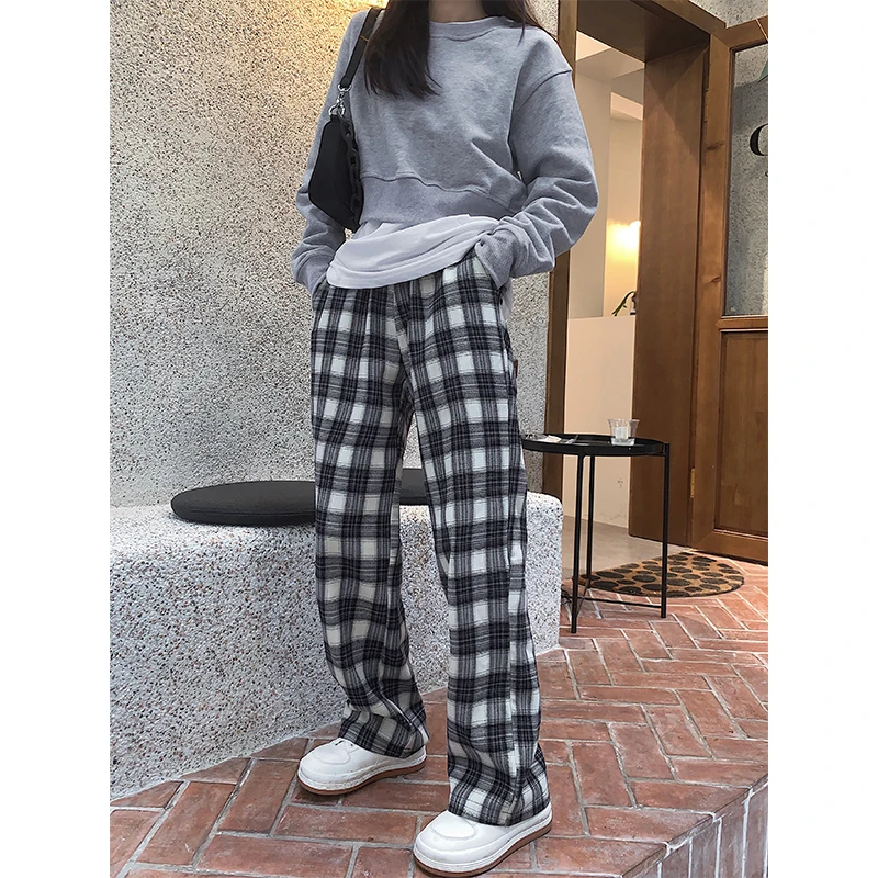 

Winter Retro Plaid Casual Pants Women's With Plush Thickened Straight Pants High Waist Wide Leg Vintage 12261