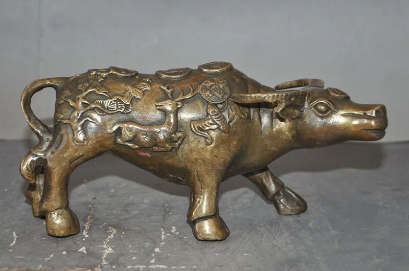 Народное искусство Китая Fengshui Бронзовый Сика олень летучая мышь монета бык Мул