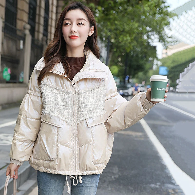 

ZURICHOUSE Tweed Down Jacket Women Stand Collar Down Parka 2021 Fashion Small Fragrant Wind Design Warm Winter Down Coat