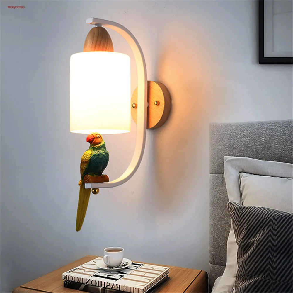 

Nordic Modern Minimalism Parrot Wood Glass Led Wall Lamp For Bedroom Headboard Restaurant Corridor Loft Decor Lighting Fixtures