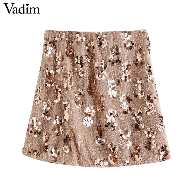 Vadim Женская Блестящая мини-юбка с блестками и кисточками в стиле пэчворк стильная
