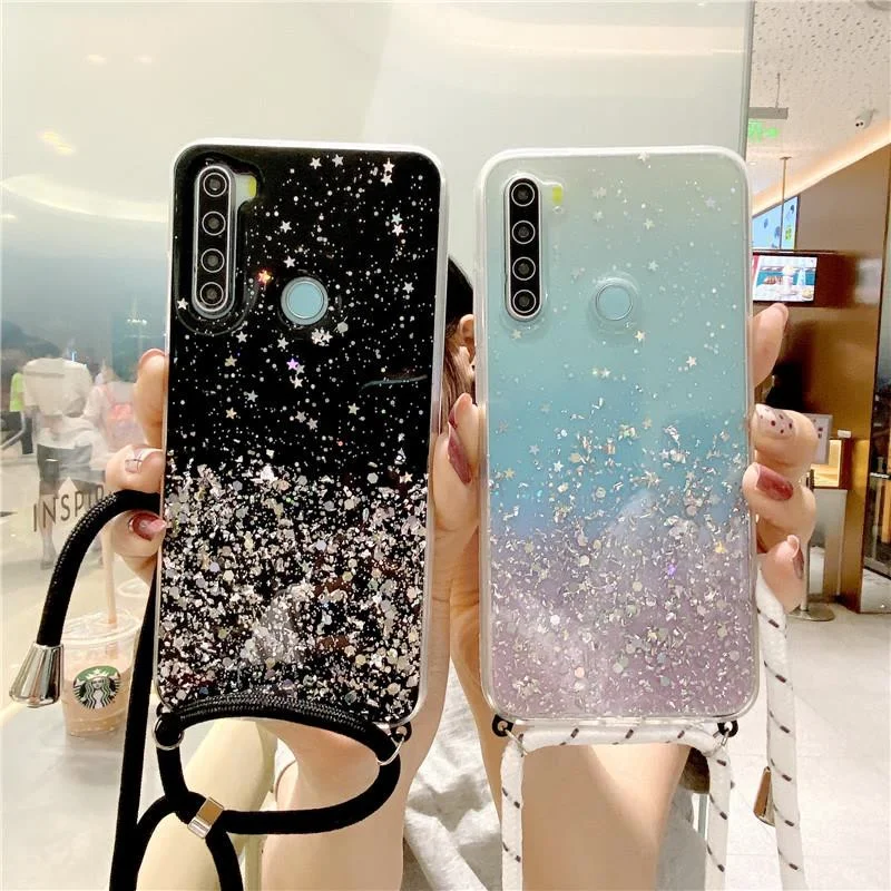 

Luxury Glitter Phone Case For Xiaomi Redmi Note 10 9S 9 Pro 8T 8 7 7A 8A 9A 9C Mi 10T Poco M3 X3 NFC Neck Strap Cord Chain Cover