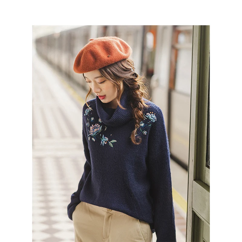 INMAN Winter Literary High Neck Drop-shoulder Sleeve Embroidery Loose Warm Women Pullover | Женская одежда