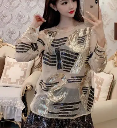 Осенняя Сексуальная женская блузка с блестками и длинным рукавом женские