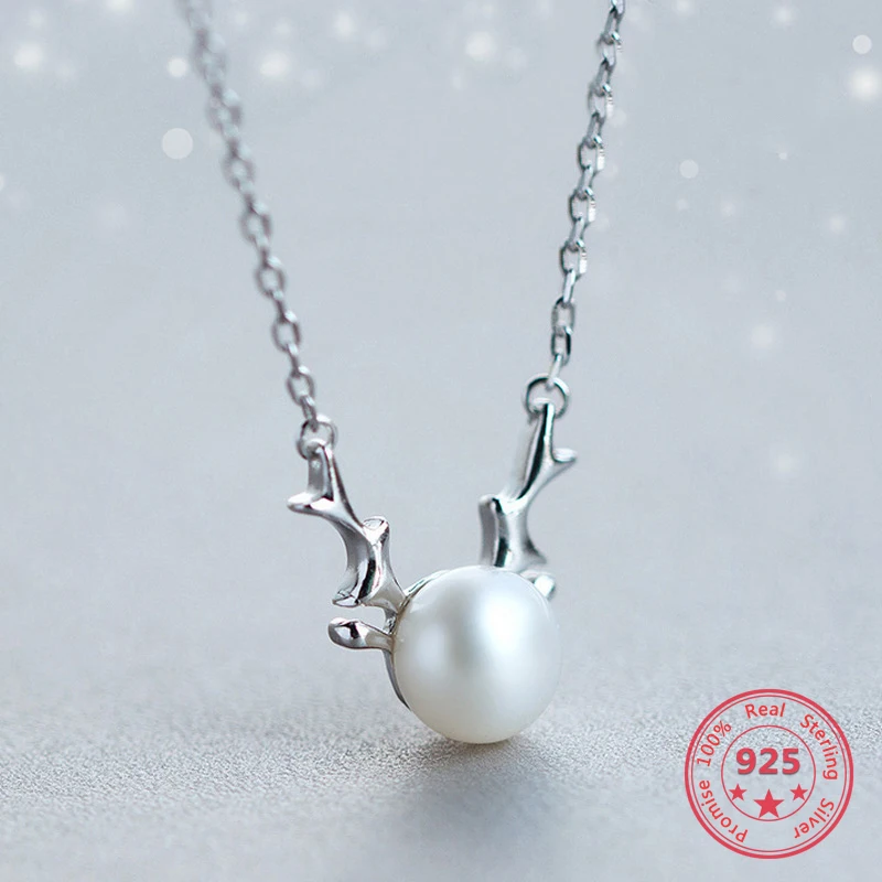 

New Listing Fashion Jewelry 925 Sterling Silver Necklaces Christmas Deer Pearl Female Clavicular Chain Christmas Present