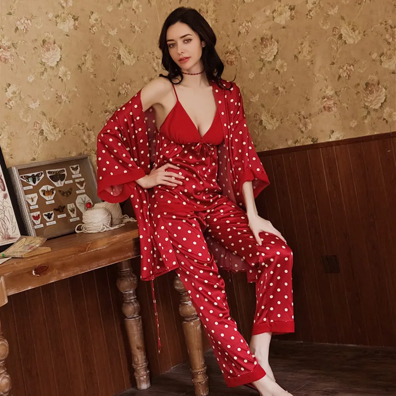 Женская пижама Daeyard Модная шелковая в горошек 4 шт. халат одежда для сна пикантные