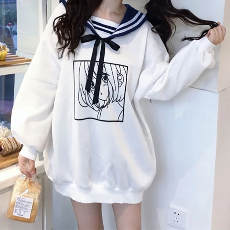 

Anime Sweatshirt Women 2021 Sailor Collar Long Sleeve Top Autumn Thin Plush Students Clothes MINGLIUSILI Casual Hoodies Femme