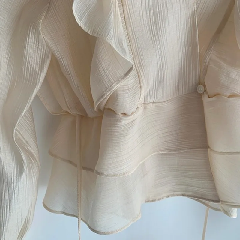 

New Ruffled Deep V-neck Silk Shirt Fashion Female Vintage Slimming Chiffon Blouse Solid Sweet Flare Sleeve Woman's Shirt 10334