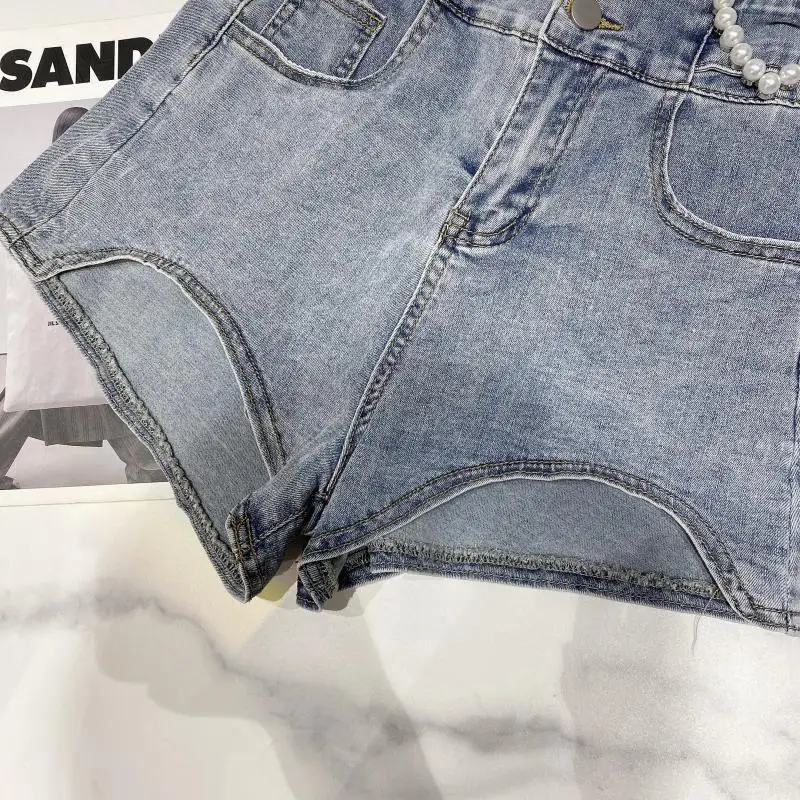 

Fashion Love Beaded High Waist Irregular Jean Pants for Women 2021 Summer New Light Blue Baggy Denim Shorts Ladies