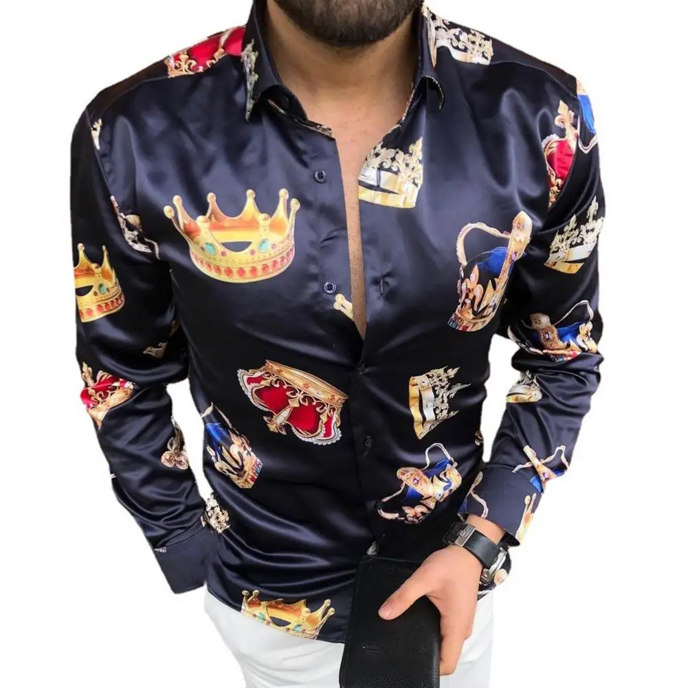 

Crown Print Men Shirt Turn-down Collar Smooth Long Sleeve Buttons Slim Shirt Streetwear