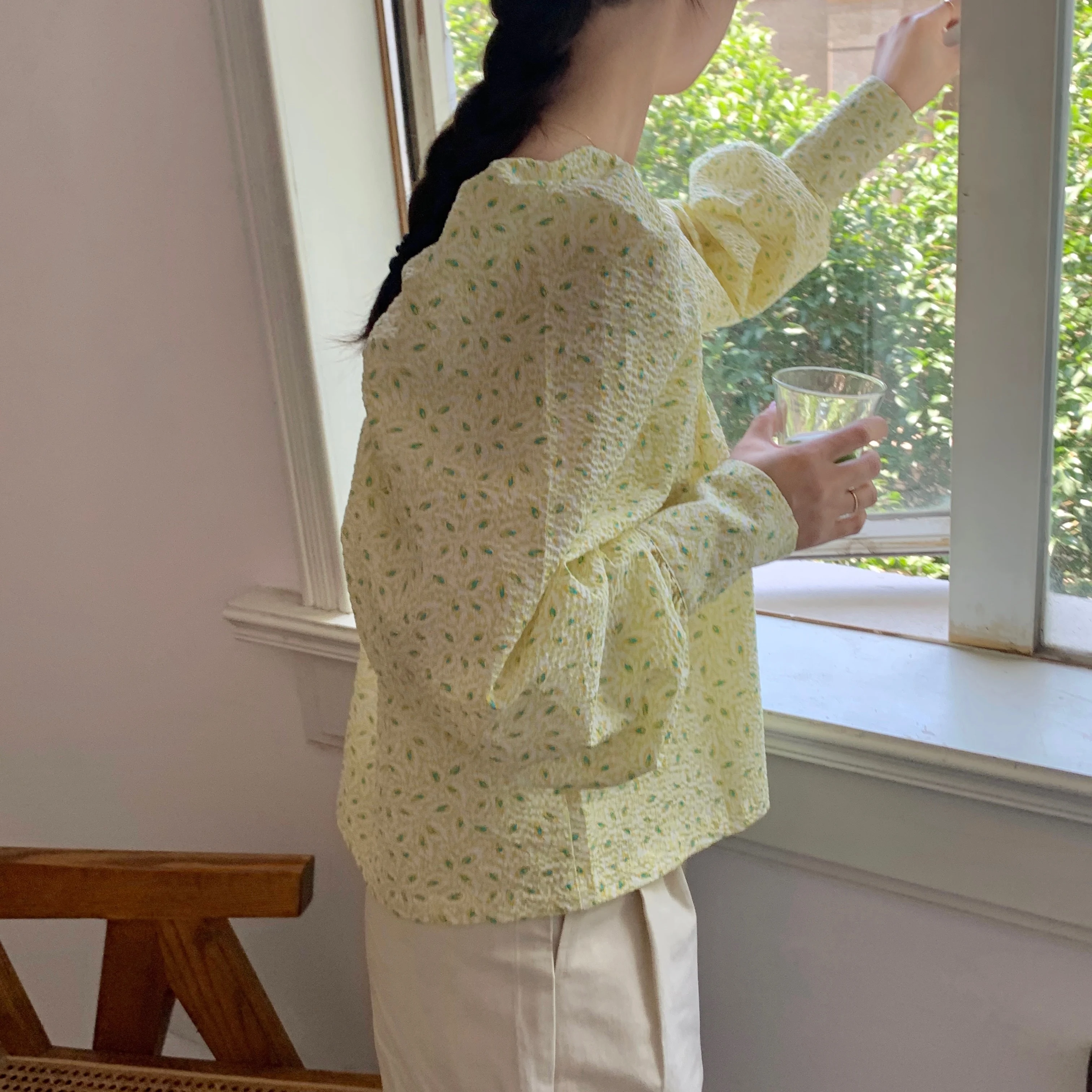 

Korejpaa Women Shirt 2021 Summer Korean Chic Fresh Sweet Floral Slimming Square Collar Loose Foam Cotton Long-Sleeved Blouses