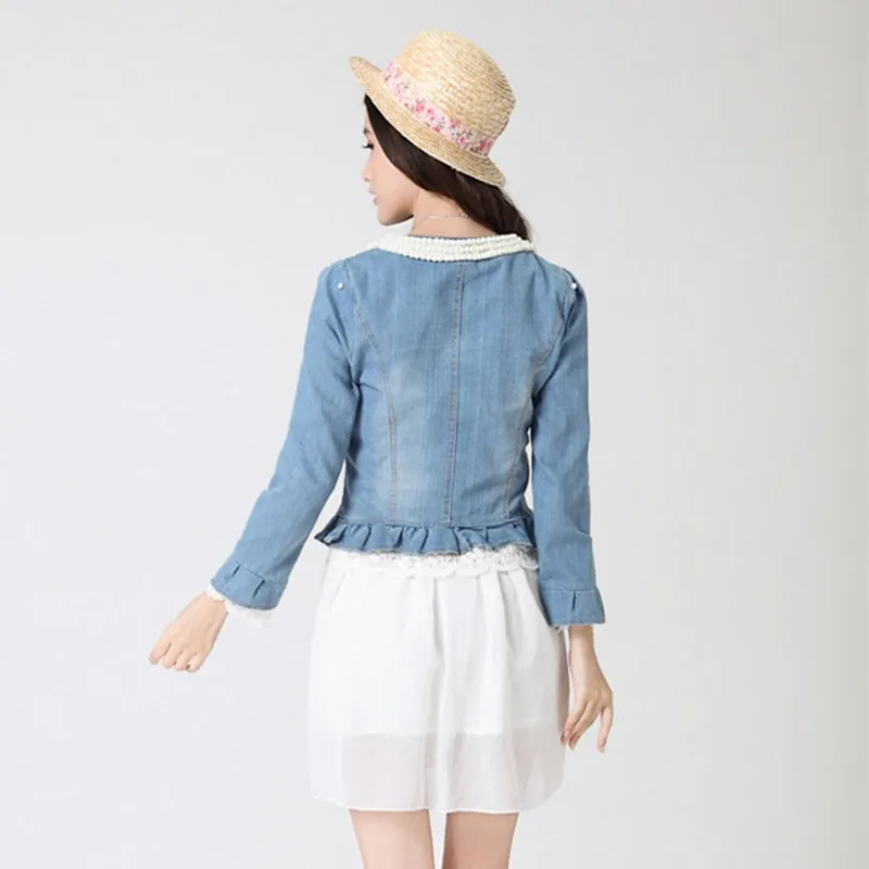 Женская джинсовая куртка WSYORE новая с потертым жемчугом на воротнике кружевное