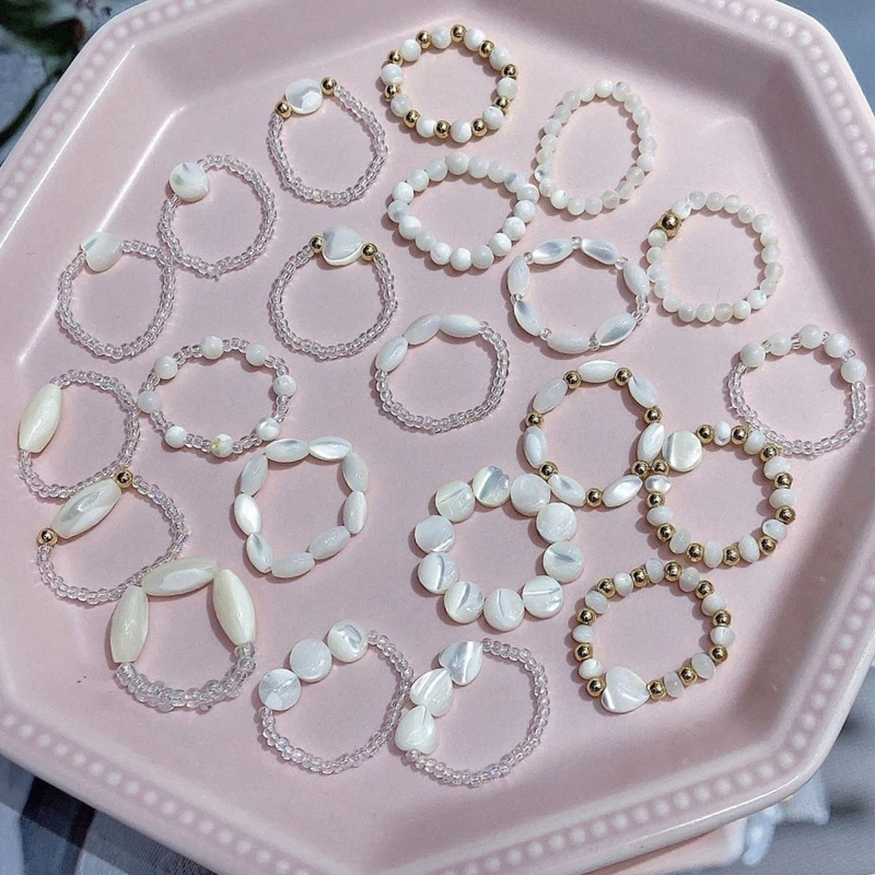 

Elegant Women's Mini Beads Ring Cute Multi-layer Moonlight Shell Stone Finger Rings Elastic Adjustabl Romantic French Jewelry