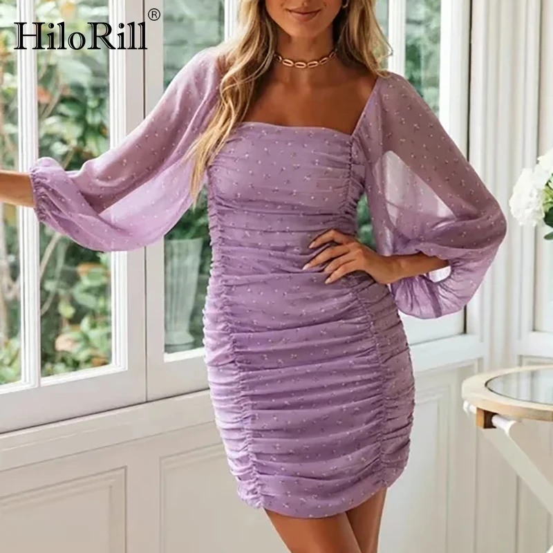 

HiloRill Sexy Bodycon Party Dress Women See Through Lantern Sleeve Elegant Mini Dress Backless Pleated Chiffon Dresses Vestidos