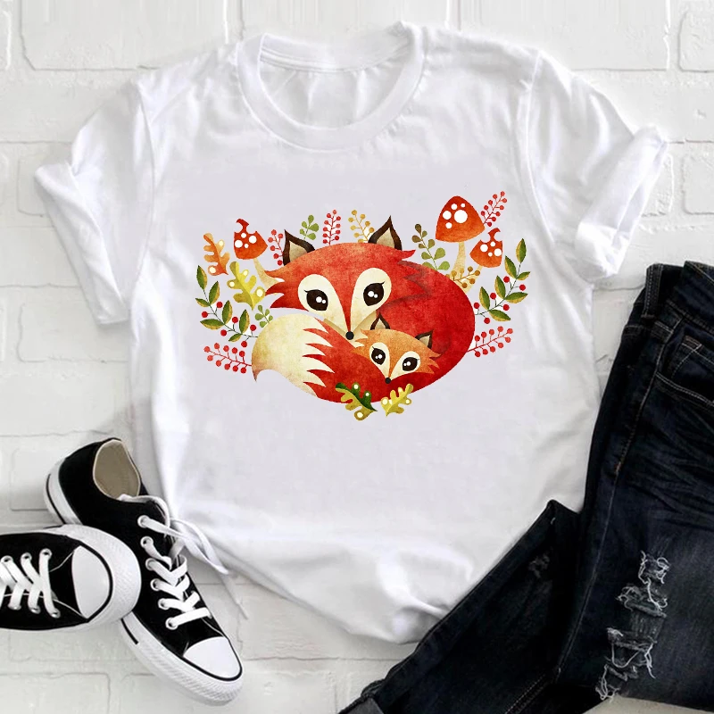 

Women Short Sleeve Spring Summer Fashion Fox Cartoon Animal 90s Clothes Ladies Graphic Print Tee Top Tshirt Female T-shirt