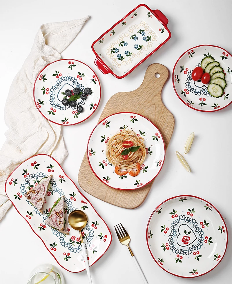 Cherry Ceramic Plate Salad Fruit Bowl Dessert Snack Japanese Dishes Rice Noodles Dinnerware Dish Flower Kitchen Plates | Дом и сад