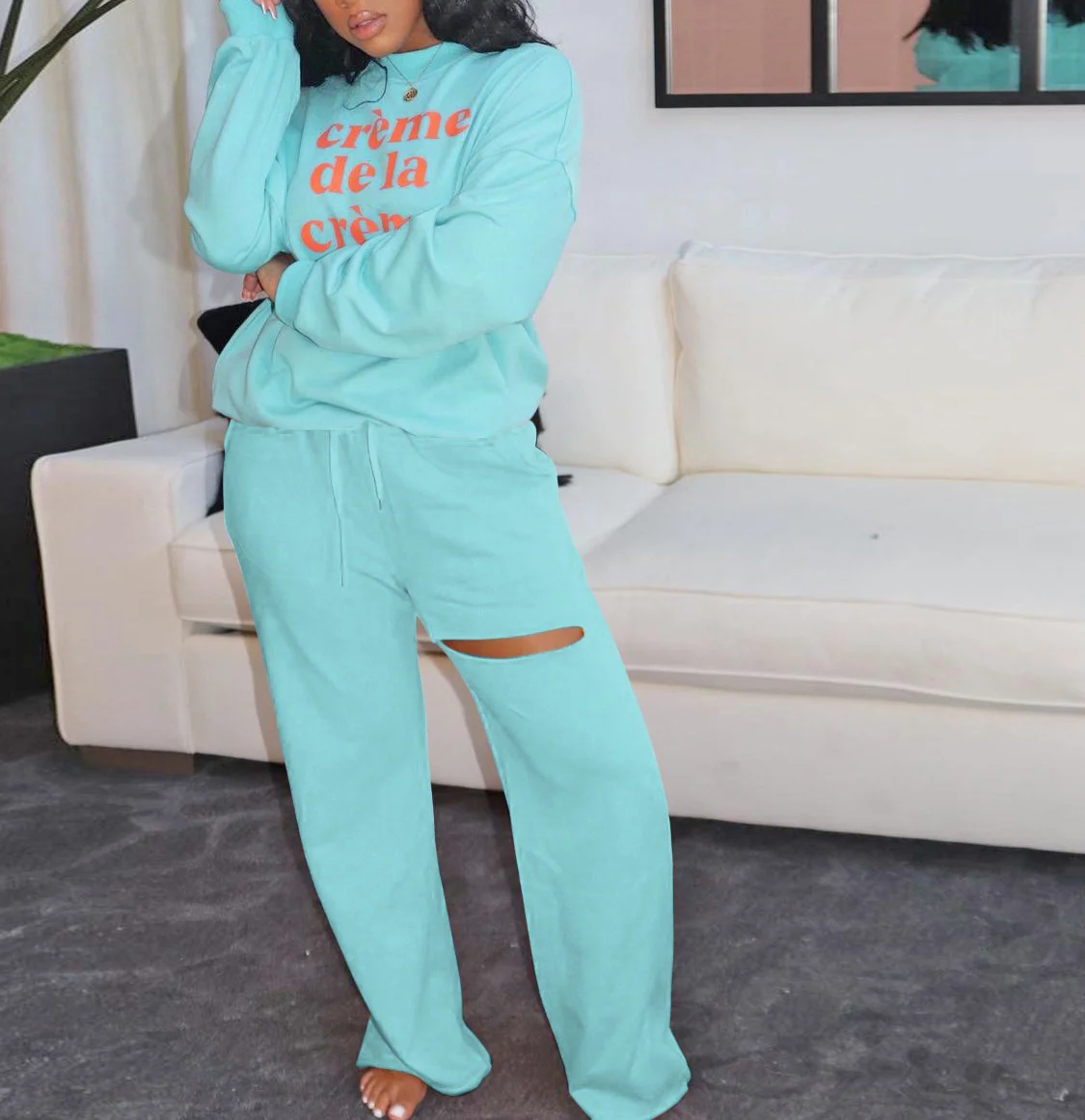 

Детский синий свитер, костюм с рваными брюками, костюм из двух предметов с длинным рукавом, женский спортивный костюм большого размера